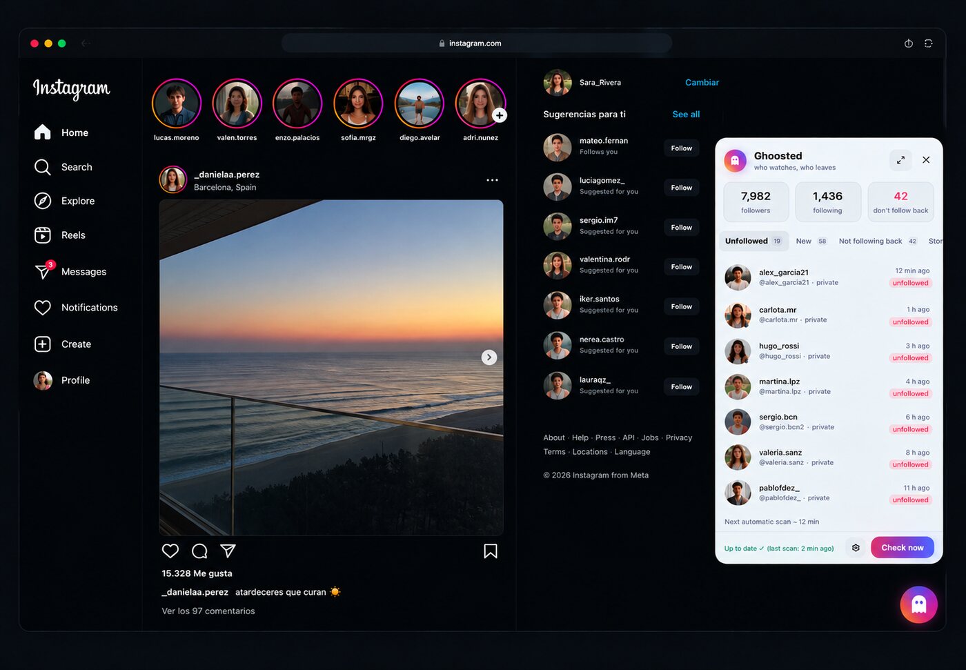 Instagram with the Ghoosted panel open on the right