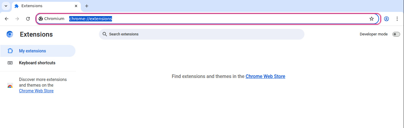 The address bar, with chrome://extensions typed in