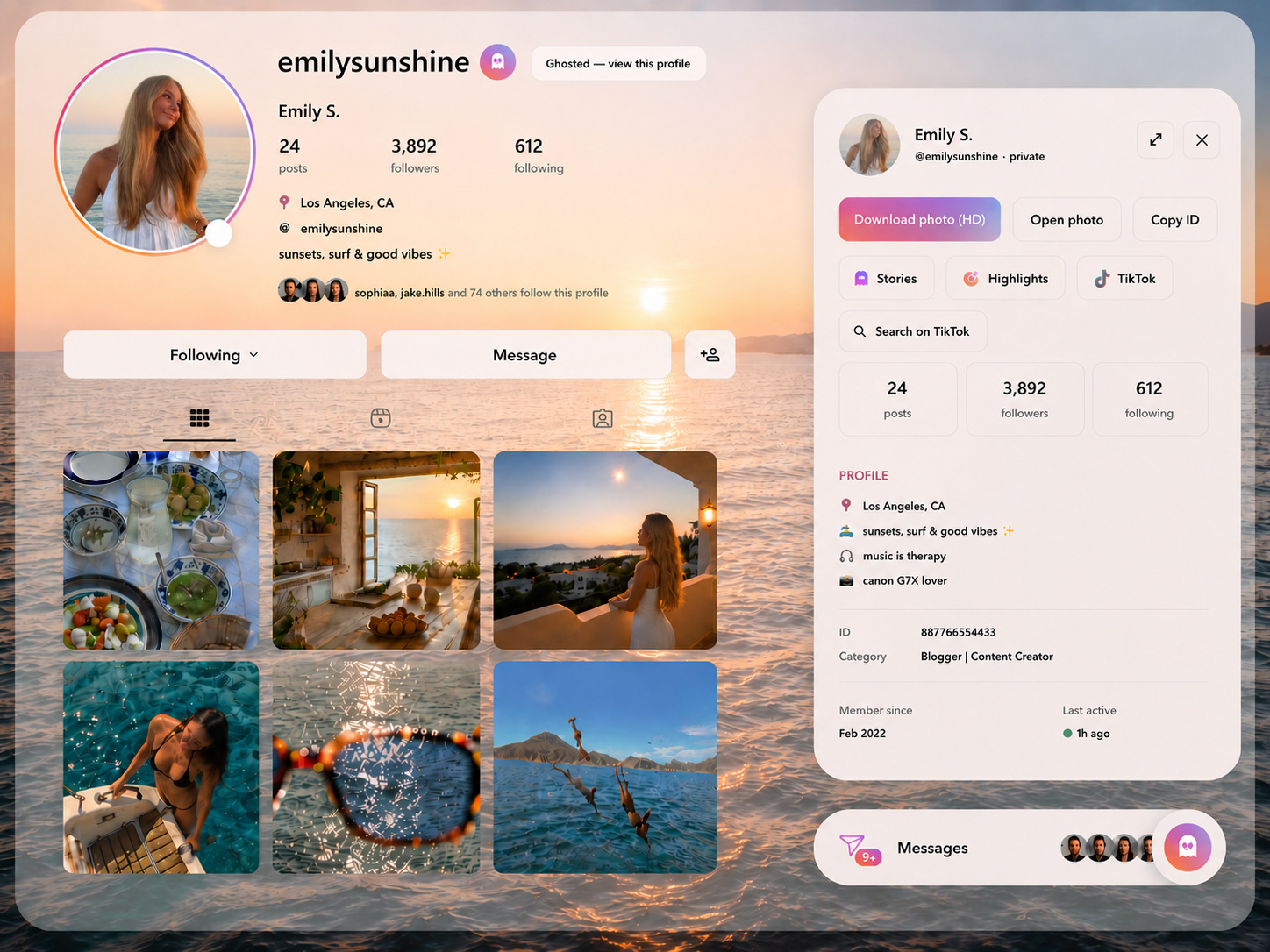 Ghoosted panel open over an Instagram profile